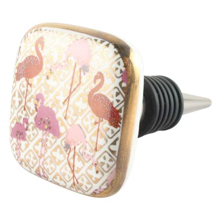Baby Pink With Red Flamingo Square Ceramic Wine Stopper